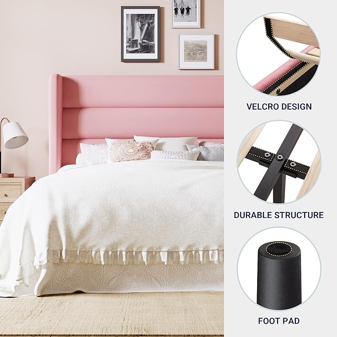 Allewie Full Size Platform Bed Frame with Velvet Upholstered Wingback Headboard, No Box Spring Needed, Under Bed Storage Space, Strong Wooden Slats, Modern Mattress Foundation, Easy Assembly, Pink
