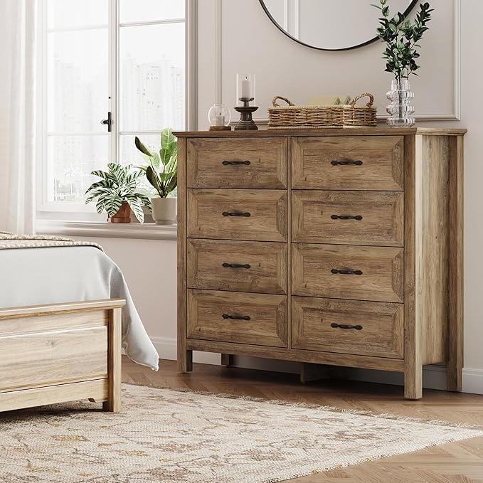 LINSY HOME Updated Dresser for Bedroom with 8 Drawers, Wide Chest of Drawers, Wooden Bedroom Dresser with 1 pcs Fabric Divider Organizer, Storage Organizer for Closet, Living Room, Rustic Oak