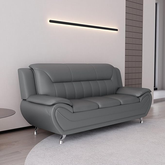 Container Furniture Direct Michael Modern Faux Leather Upholstered Stainless Steel Legs Living Room Sofa, Chair, Sleek Gray