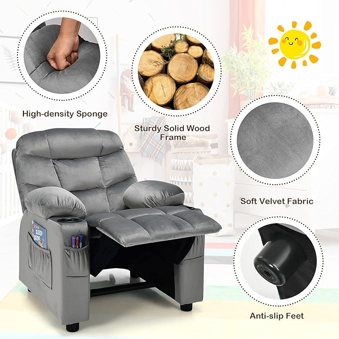 Costzon Kids Recliner Chair with Cup Holder, Adjustable Velvet Lounge Chair w/Footrest & Side Pockets for Children Boys Girls Room, Ergonomic Toddler Furniture Sofa Gifts, Kids Recliner (Gray)