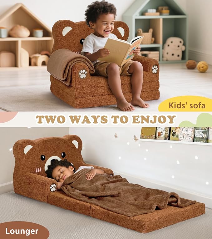 Kids Couch, 2-in-1 Soft Toddler Couch Fold Out with Blanket, Chair Comfy, Foldable Convertible Plush Sofa to Lounger, Gifts for Kids Girl Boys, Teddy Bear
