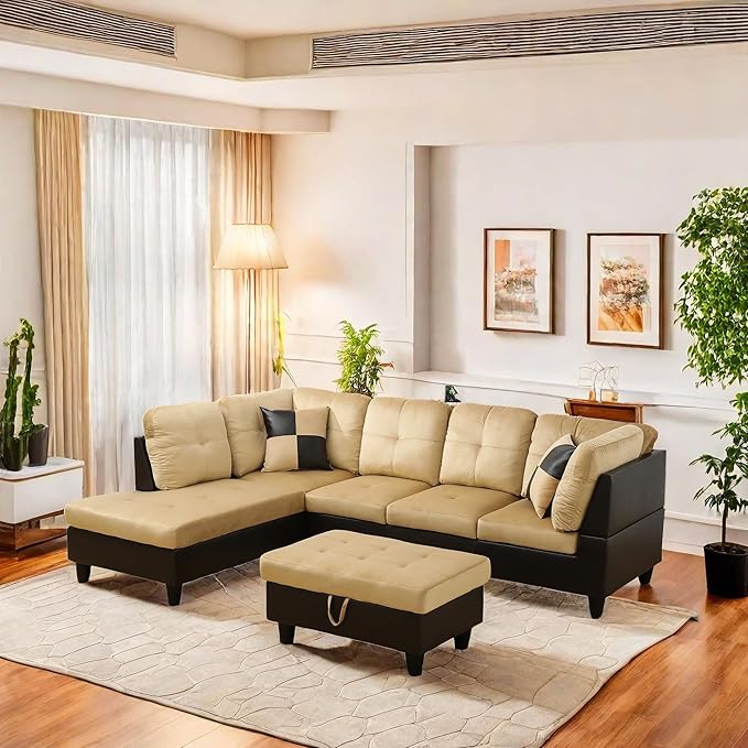 L Shaped Sectional Sofa with Ottoman, Color Blocking Flannel Leather Right Facing Modern Couches for Living Room, Bedroom, Office, Ginger Leather