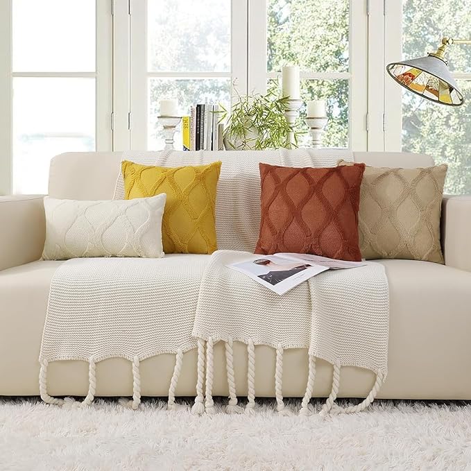 decorUhome Fall Throw Pillow Covers 12x20 Inch Set of 2, Soft Plush Faux Fur Wool Lumbar Mustard Yellow Couch Pillow Covers, Decorative Neutral Pillow Cases for Bed Sofa Living Room Home Decor