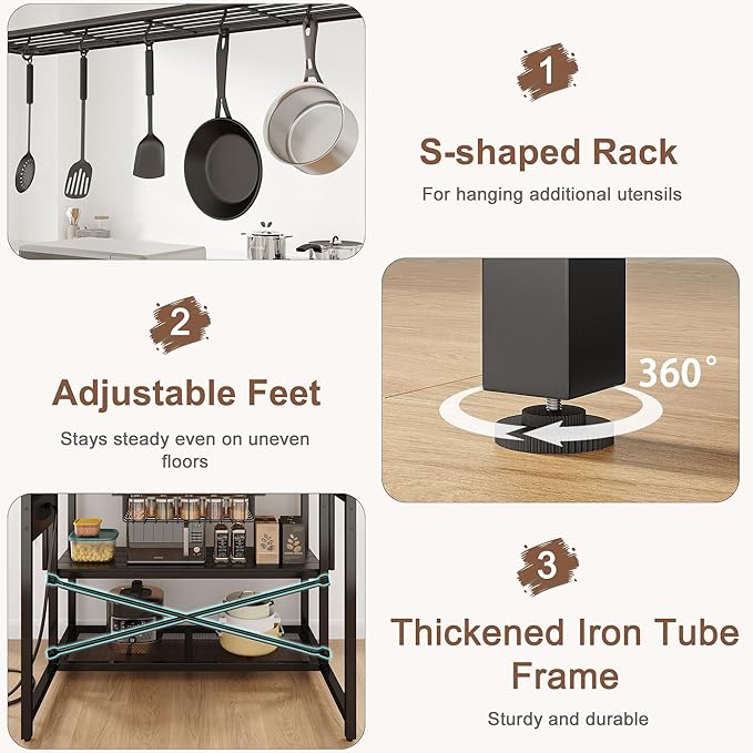 46" Large Kitchen Island Table Baker Rack with Power Outlet and 3-Tier Storage-Microwave Stand Oven Shelf, Metal Coffee Bar Table,Kitchen Storage Shelf for Dining Living Room, 5 Hooks,Grey