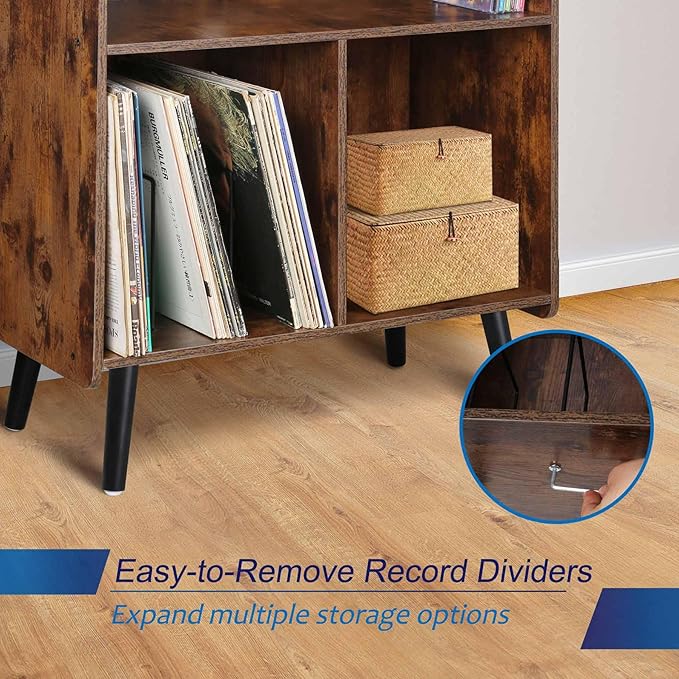 3-Tier Vintage Record Player Stand, Mid-Century Vinyl Record Storage Cabinet Table Holds up to 100 Albums, Large Wood Turntable Stand for Living Room, Office, Rustic Brown