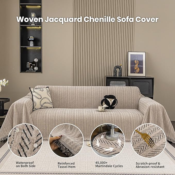 Nobildonna Sofa Cover Washable Soft Thicken Chenille Couch Cover with Tassel,Waterproof Sofa Slipcover for 3-4 Cushion Couch,Sectional Sofa,L-Shaped Furniture Protector Pet-Friendly,Brown 71"x150"