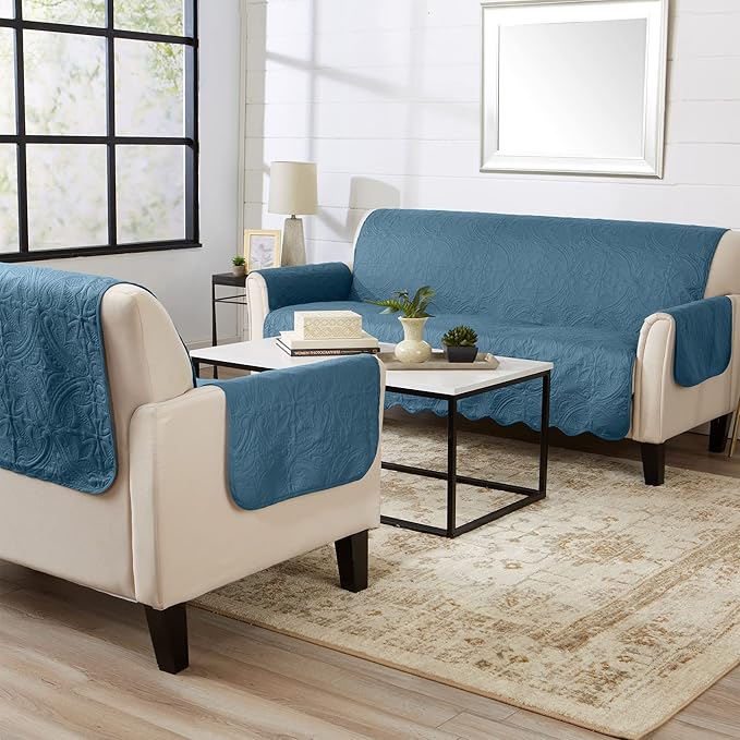 Great Bay Home Medallion Stitched Solid Furniture Protector Stain Resistant Durable Furniture Protector Elenor Collection (Recliner, Smoke Blue/Ivory)