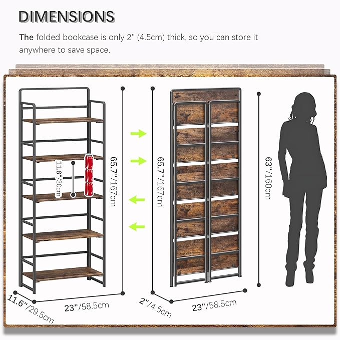 4NM No-Assembly 5 Tiers Folding Bookshelf Storage Shelves Vintage Bookcase Standing Racks Study Organizer Home Office (Rustic Brown Black)