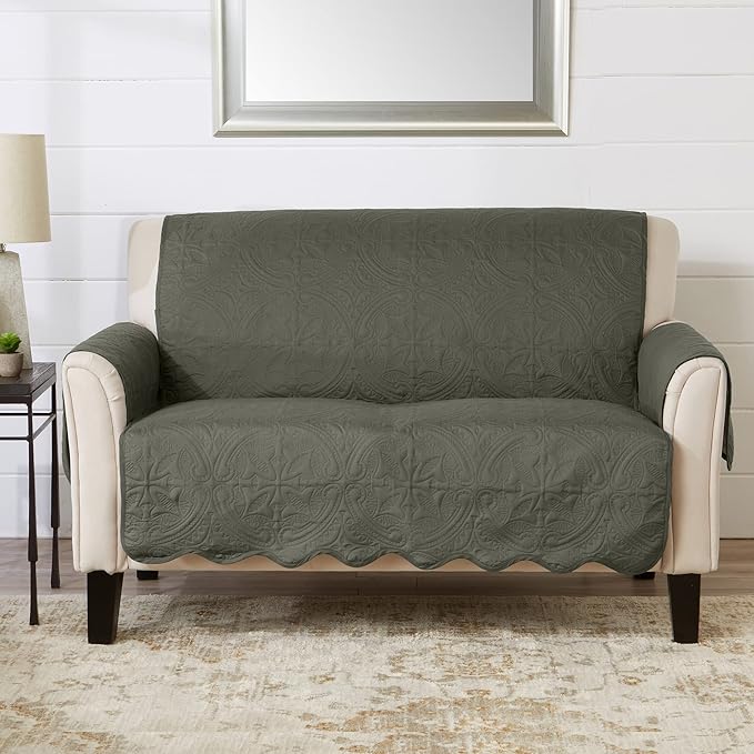Great Bay Home Medallion Stitched Solid Furniture Protector Stain Resistant Durable Furniture Protector Elenor Collection (Loveseat, Sage Green/Light Gray)