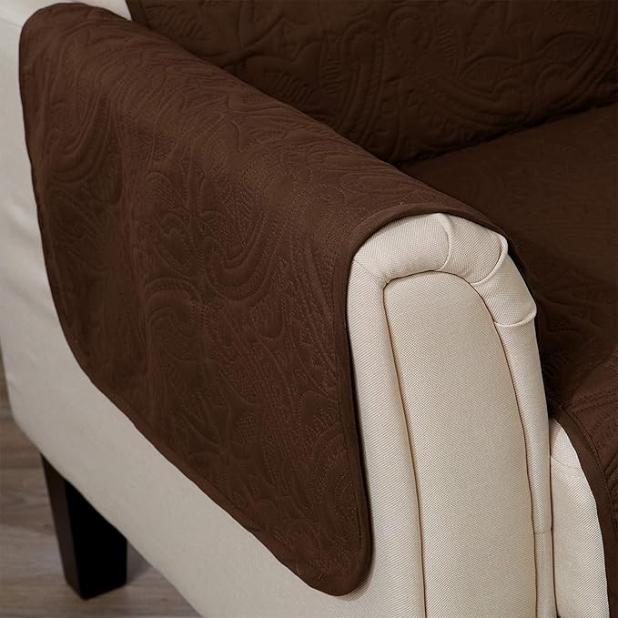 Great Bay Home Medallion Stitched Solid Furniture Protector Stain Resistant Durable Furniture Protector Elenor Collection (Loveseat, Chocolate/Taupe)