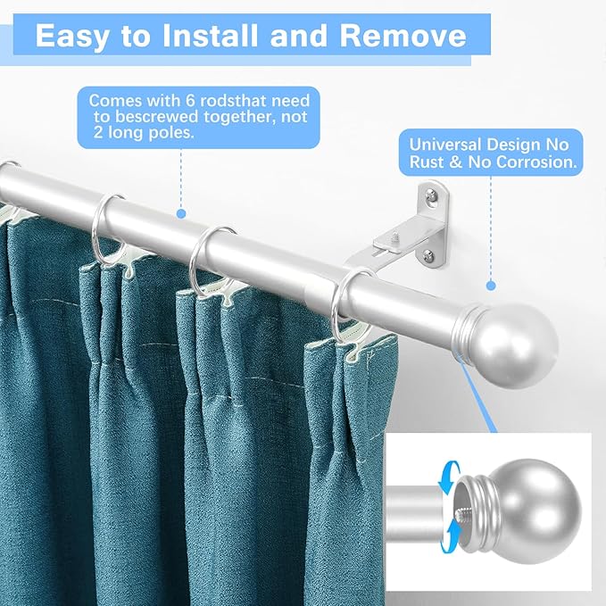 Curtain Rods for Windows 16 to 92 Inches, Curtain Rod Max Adjustable Length of 104 IN, 6/8" Diameter Drapery Rods Round Finials, Satin Silver, Pack of 2