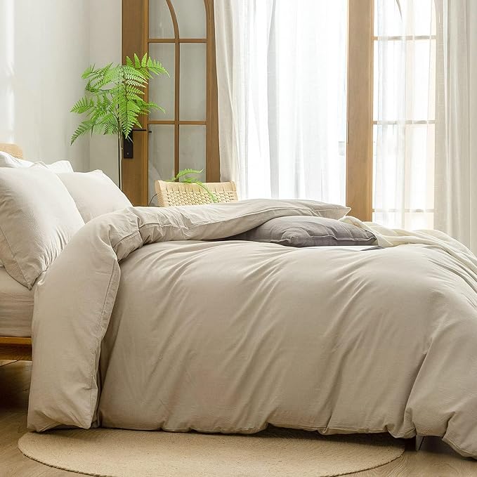 BESTOUCH Duvet Cover Set 100% Washed Cotton Linen Feel Super Soft Comfortable Chic Lightweight 3 PCs Home Bedding Set Solid Almond Milk Grey Oversized Full