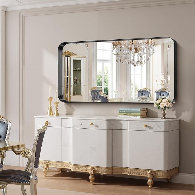FORBATH 60x30 Inch Large Bathroom Mirror for Double Sinks, Brushed Black Deep Frame Wall Mirror with Rounded Corners, Anti-Rust Tempered Glass for Modern Farmhouse Vanity (Horizontal/Vertical)