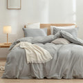 BESTOUCH Duvet Cover Set 100% Washed Cotton Linen Feel Super Soft Comfortable Chic Lightweight 3 PCs Home Bedding Set Solid Light Grey Super King
