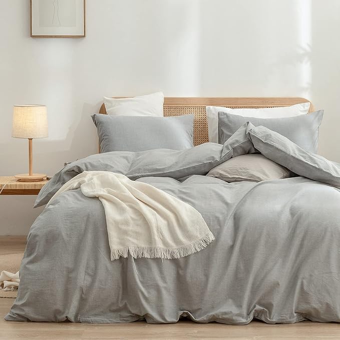 BESTOUCH Duvet Cover Set 100% Washed Cotton Linen Feel Super Soft Comfortable Chic Lightweight 3 PCs Home Bedding Set Solid Light Grey Super King