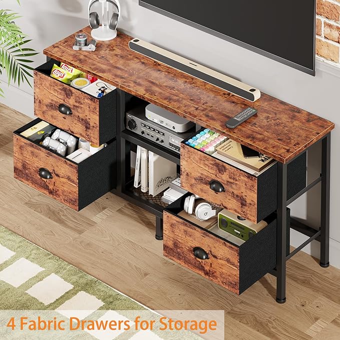 Furologee TV Stand Dresser with 4 Drawers, Television Stand with Open Shelf, Entertainment Center for 50" TV, Industrial Media Center for Bedroom, Living Room, Rustic Brown