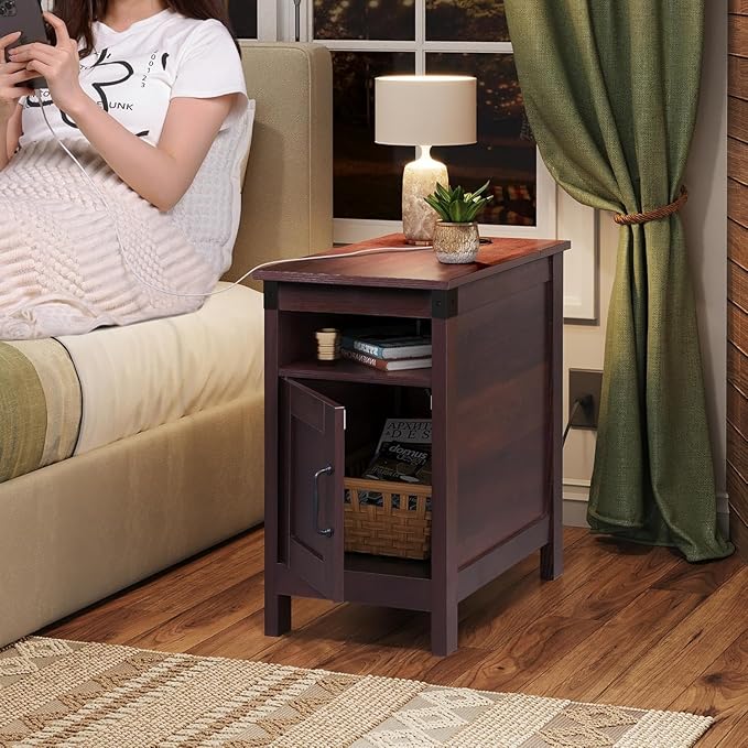 WLIVE Narrow End Table Set of 2 With Charging Station, Side Tables for Living Room, Small Spaces, Couch, Night Stand Set With Storage, USB Ports and Outlets, Espresso