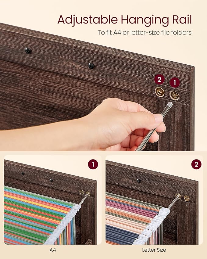 VASAGLE File Cabinet, Filing Cabinet with 3 Drawers, Printer Stand, Fit A4, Letter Size, Hanging File Folders, Modern Farmhouse Style, for Home Office, Maroon Brown UOFC054K02