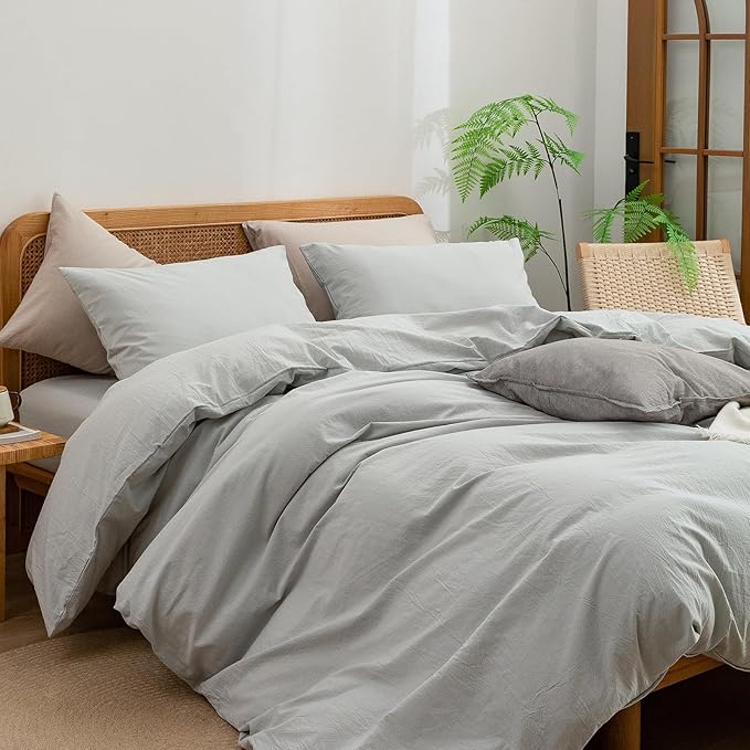 BESTOUCH Duvet Cover Set 100% Washed Cotton Linen Feel Super Soft Comfortable Chic Lightweight 3 PCs Home Bedding Set Solid Northern Droplet Grey Oversized Queen