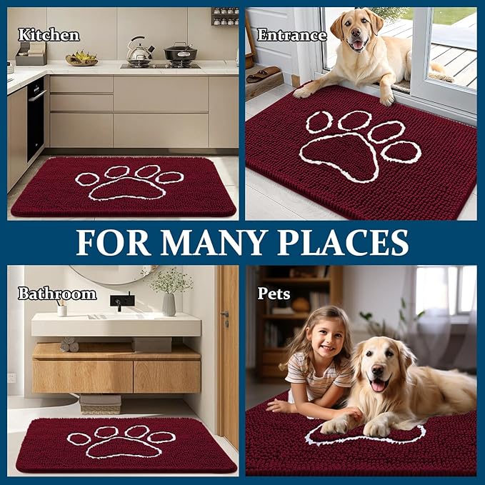 OLANLY Door Mat for Muddy Dog Paws 48x30, Ultra Absorbent Chenille Mud Doormat with Paw Print Design, Non-Slip Washable Doormat for Indoor Entryway, Quick-Dry Pet Bed Mats for Dirty Dogs, Burgundy