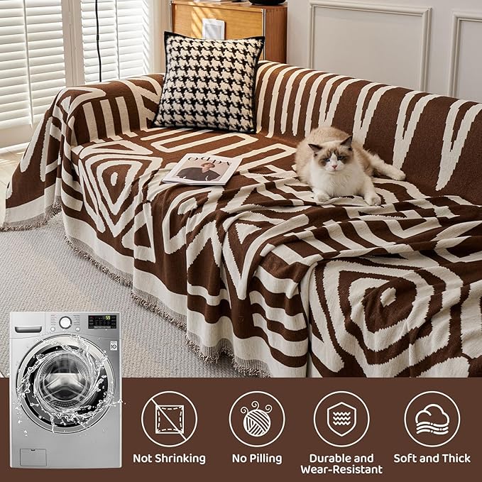 STACYPIK Soft Breathable Boho Chocolate Sofa Cover Stain Resistant Furniture Protector for 3 Cushion Couch Washable Sofa Cover for Dogs Cats Dark Khaki Reversible Sectional Covers for Sofa-91X134IN