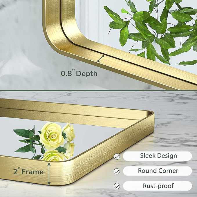 TokeShimi Bathroom Vanity Mirror 48 x 24 Inch Gold Metal Frame Round Corner Rectangular for Home Decor Living Room Entryway (Horizontal/Vertical)