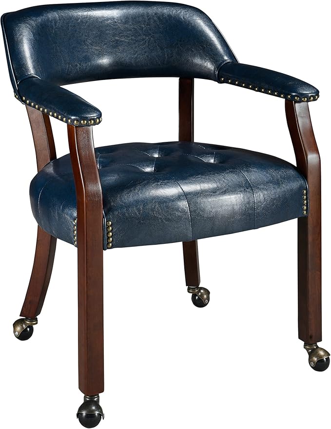 LEEMTORIG Large Dining Chairs with Casters and Arms, Rolling Dining Chairs with Wheels, Solid Wood Boss Caption's Chairs Office Desk Chairs, 26"D x 25.2"W x 31.5"H, Cherry Legs & Blue PU SY-1533-LB