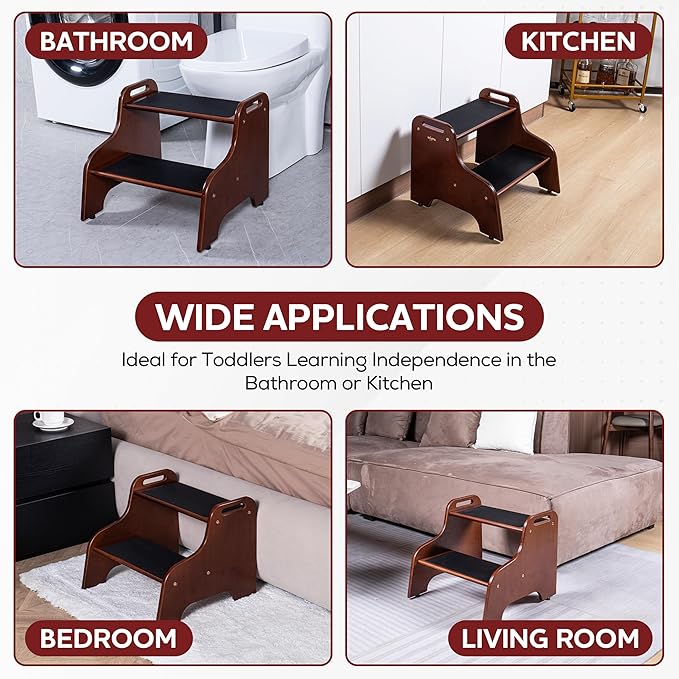 2-Step Wooden Step Stool for Adults & Kids – Non-Slip Bed, Bathroom, Kitchen, and Closet Use – Heavy-Duty Portable Step with Handles – 400 lb Capacity