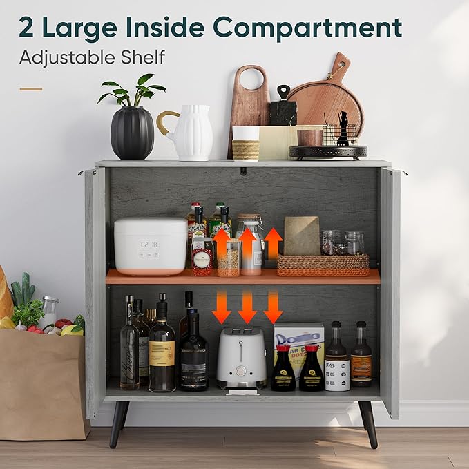 Semiocthome Gray Buffet Cabinet with Storage, Sideboard with Fluted Doors and Metal Legs, Storage Cabinet with Adjustable Shelf, Accent Table for Living Room, Dining Room, Kitchen, Entryway