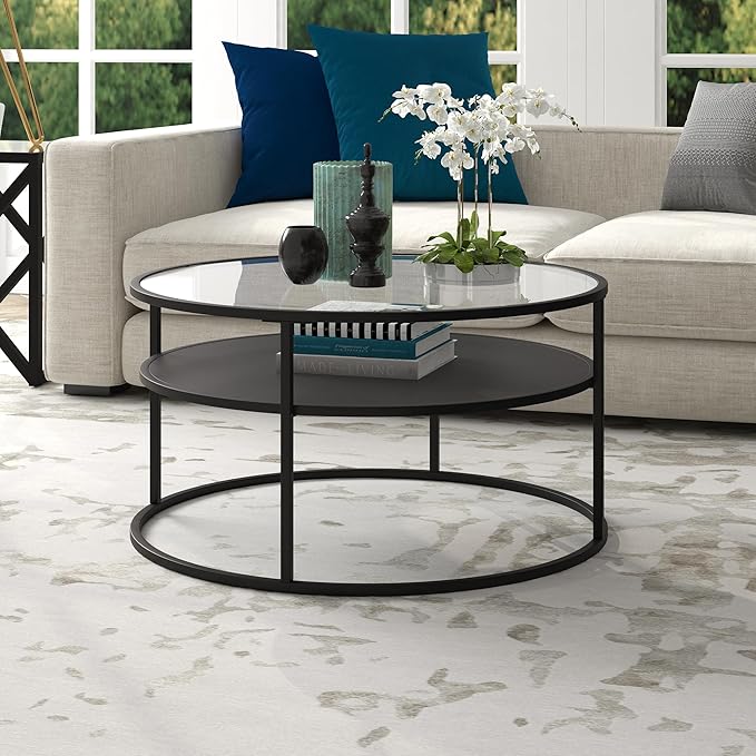 Ada 32" Wide Round Coffee Table in Blackened Bronze