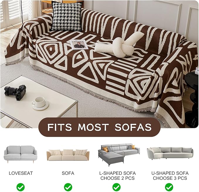 STACYPIK Soft Breathable Boho Chocolate Sofa Cover Stain Resistant Furniture Protector for 3 Cushion Couch Washable Sofa Cover for Dogs Cats Dark Khaki Reversible Sectional Covers for Sofa-91X150IN