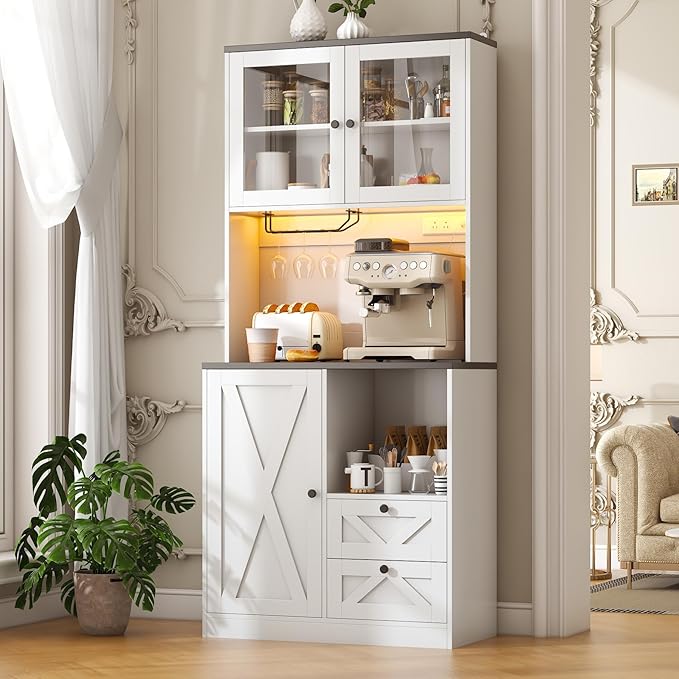 71" Tall Coffee Bar Cabinet with Storage Hutch, Farmhouse Kitchen Pantry Cabinet with LED Lights Microwave Stand and Glass Holder for Home Dining Room Kitchen,White