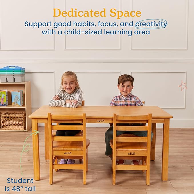 ECR4Kids 24in x 48in Rectangular Hardwood Table and Chair Set, 12in Seat Height, Kids Furniture, Honey