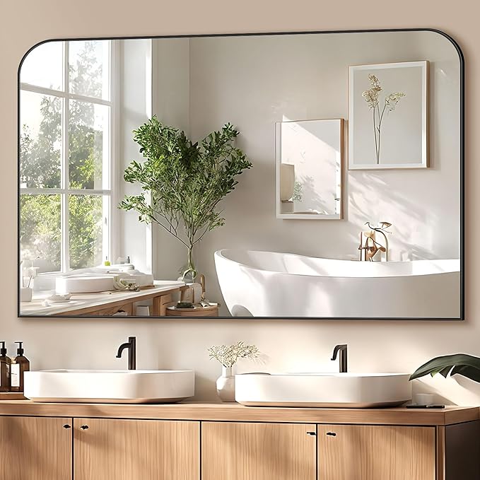 Bathroom Mirror, Wall Mirrors, Black Metal Framed Wall-Mounted Mirrors, Bathroom Vanity Mirror for Over Sink, Living Room, Bedroom, Entryway, 48x32 Inch, Black
