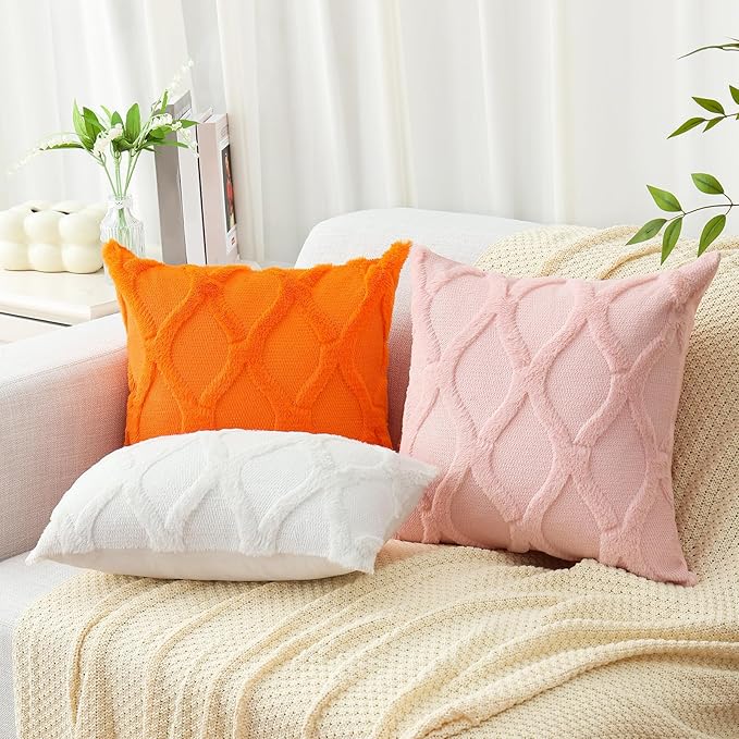 decorUhome Fall Throw Pillow Covers 16x16 Inch Set of 2, Soft Plush Faux Fur Wool Orange Couch Pillow Covers, Decorative Neutral Pillow Cases for Bed Sofa Living Room Home Decor