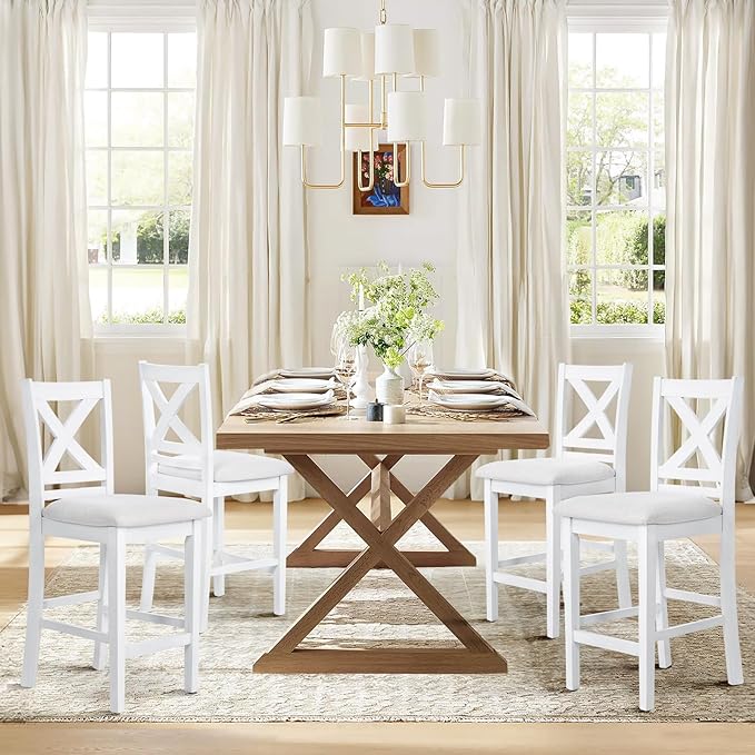 COLAMY Counter Height Bar Stools Set of 4, Kitchen Island Stools with Cross Back, Upholstered Counter Stools with Wood Legs, Modern Wooden Bar Stools for Kitchen Dining Room Bar, Grey White Wash