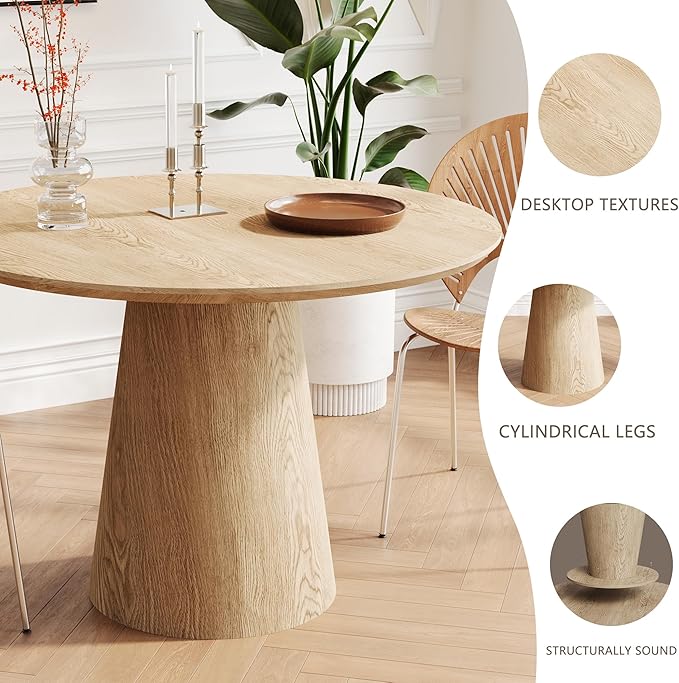 Round Dining Room Table for 4, 43'' Modern Farmhouse Kitchen Table with Round Pedestal, for Kitchen, Living Room, Cafe,Small Spaces, Apartment Wood