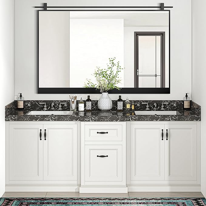 40x28 Inch Rectangle Bathroom Vanity Mirror for Wall Mounted Over Sink Farmhouse Rustic Matte Black Frame Barn Door Mirrors Foyer Entryway Decor