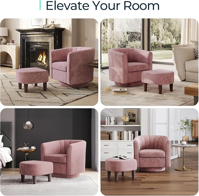 LINSY Swivel Accent Chair Ottoman Set: Velvet Small Barrel Chair with Foot Rest, Modern Reading Chair Upholstered Armchair with Footrest for Living Room Bedroom Study Room Office (Pink)