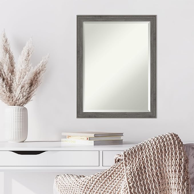 Amanti Art Grey Wall Mirror 27x21 Regis Barnwood Grey Narrow Rectangle Bathroom Mirror for Wall Decor Living Room, Medium Country Rustic Wood Frame, Hangs Horizonally and Vertically, Bathroom Decor,
