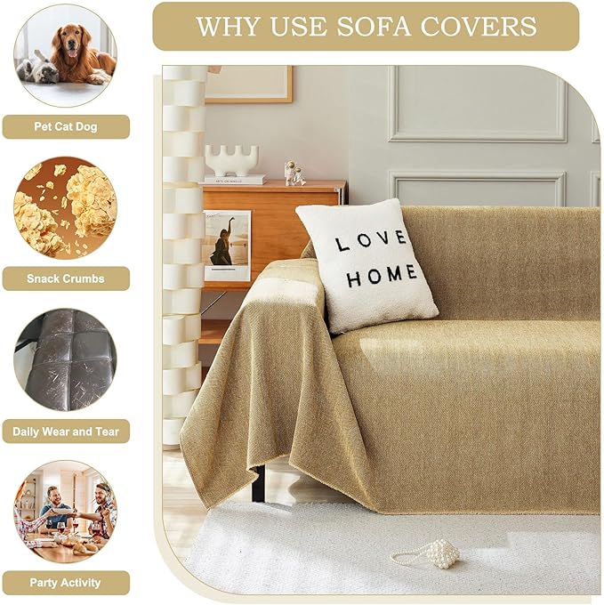 STACYPIK Yellow Sofa Cover for Dogs, Chenille Non-Slip Couch Cover for Pets, Washable Loveseat Cover for Sectional, Soft Jacquard Furniture Protector for 3 Cushion Couch, Couch Throw Blanket-91X150IN