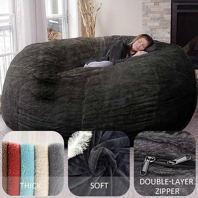 BCU 6FT Bean Bag Chair for Adults and Kids Without Filler Giant Stuffed Animal Storage Cover Soft Faux Fur Floor Chair Cover for Bedroom Living Room, Black
