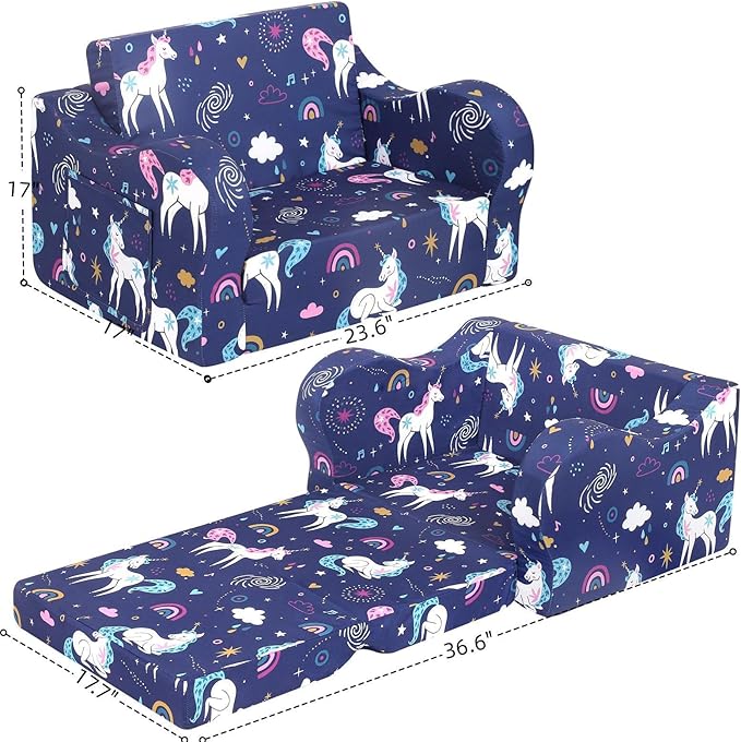 Rainbow Unicorn Kids Sofa, 2-in-1 Kids Couch Fold Out, Convertible Sofa to Bed for Girls and Boys