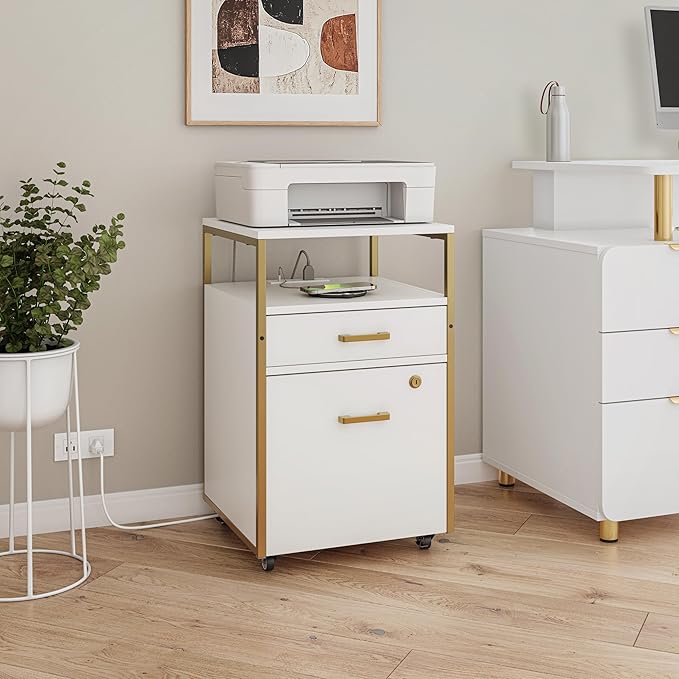 Modern 2-Drawer Rolling File Cabinet with Lock, 2 USB Ports and Power Outlet for Device Charging, Portable File Organizer or Printer Stand for Office or Home with Locking Wheels, White & Gold