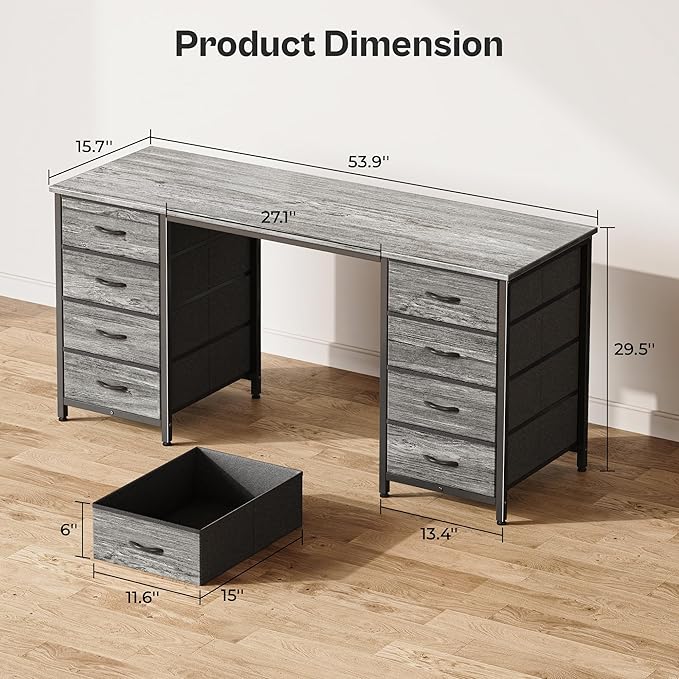 Huuger 54 Inch Computer Desk with 8 Fabric Drawers, Office Desk for Home Office, Study, Gaming Desk with Drawers, Large Storage, Grey