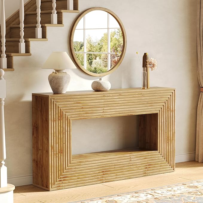 LITTLE TREE 59-Inch Console Table with Storage, 2-Tier Farmhouse Fluted Sofa Table Behind Couch, Large Narrow Entryway Furniture for Living Room, Foyer (Light Walnut)