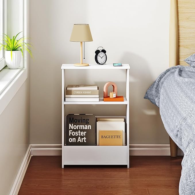 3-Tier Narrow End Table, Small Stand Shelf Narrow White Side Table with Storage Shelf, Small Bookshelf Bedside Table for Bedroom, Living Room, Office, Bathroom