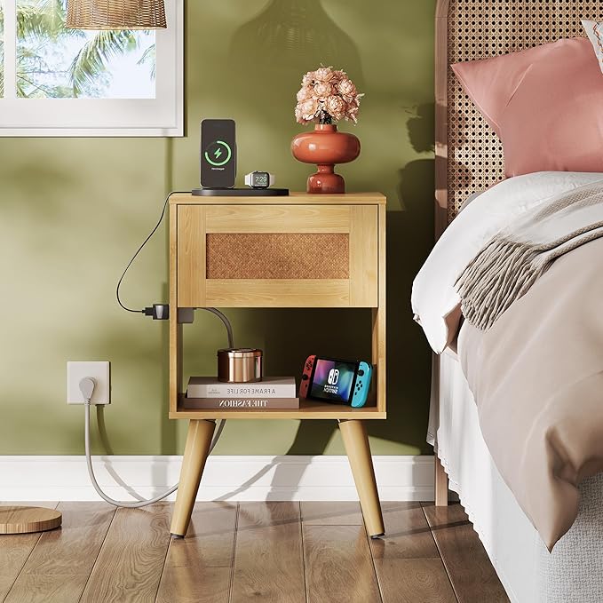 WLIVE Rattan Nightstands Set of 2 with Charging Station, Boho Nightstand, Wood Side Table, Small End Table with Drawers for Bedroom, Natural Oak