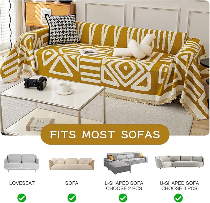 STACYPIK Mustard Yellow Boho Sofa Cover Couch Cover Reversible Jacquard Furniture Protector for 3 Cushion Couch L Shaped Sofa Slipcover Non-Silp Sofa Cushion Covers for Sectional with Tassels-91X150IN