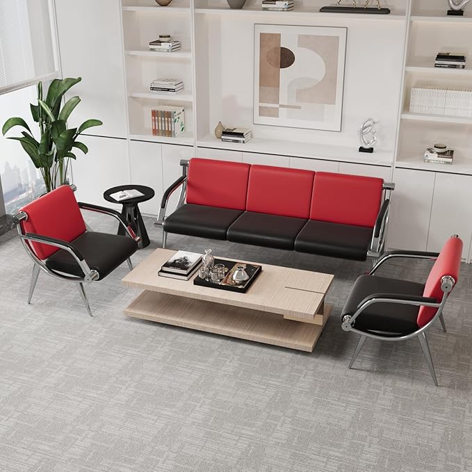 wonline 3 Seat Waiting Room Chair with Armrest PU Leather Office Furniture, Office Guest Seating Lobby Conference Reception Chairs for Airport Clinic Hospital Bank Salon Barber(Red&Black)